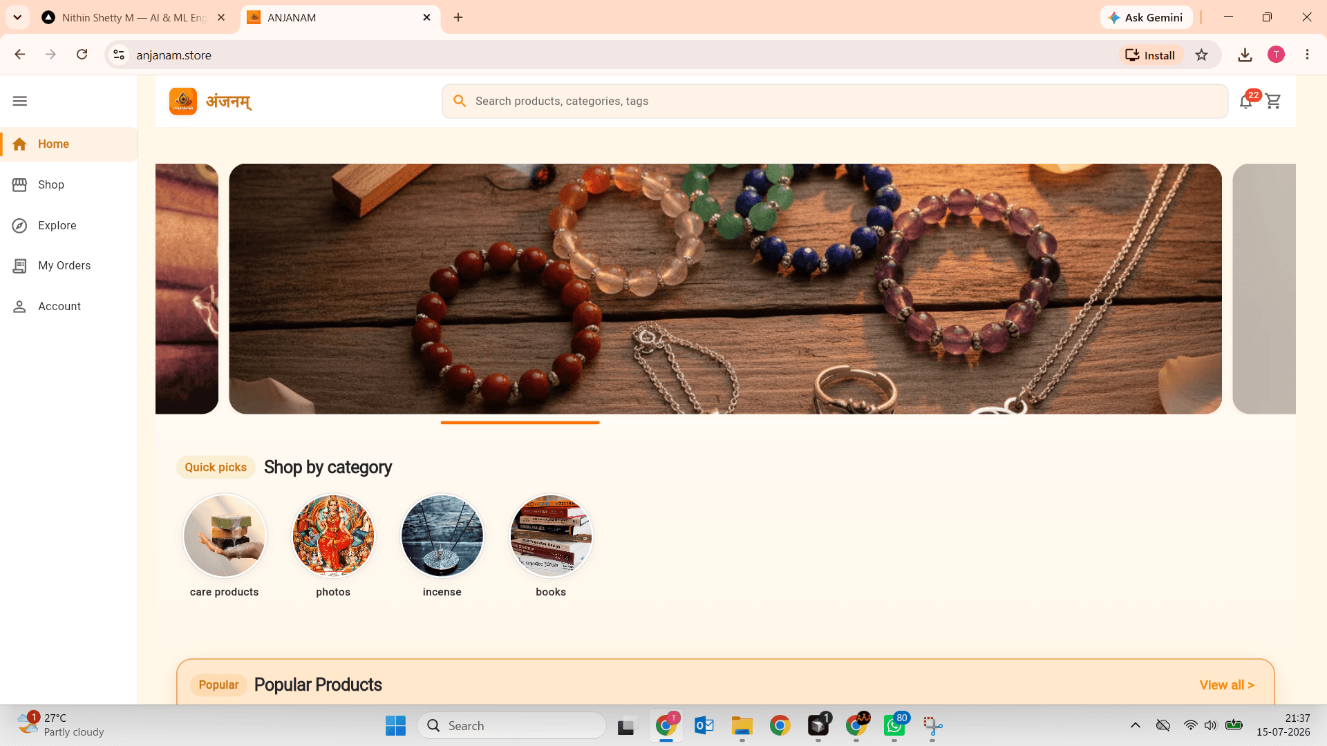 anjanam.store website — Anjanam spiritual e-commerce by Nithin Shetty M